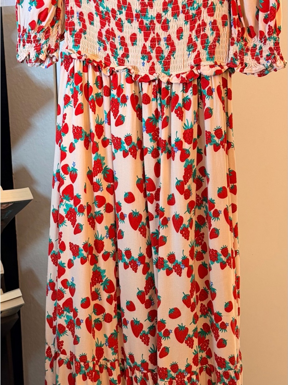 Betsey Johnson Flowy Strawberry & Raspberry Print Smocked Maxi Dress, Size S - Picture 2 of 12